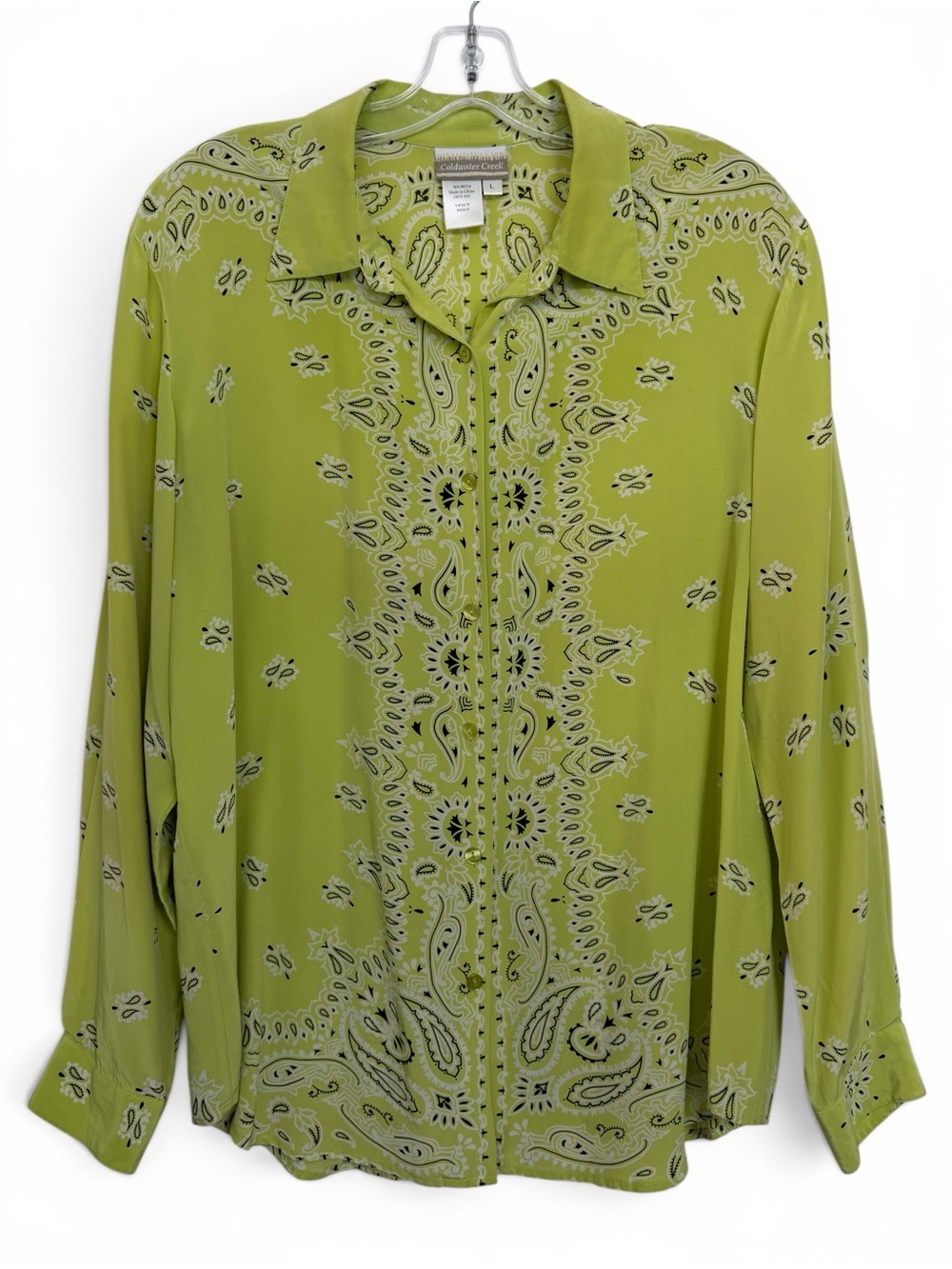 Vintage Silk Western Bandana Paisley Shirt Size Large Lime Green 90s Y2K